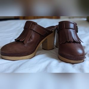 Madewell Kiltie Mules Brown Fringe Leather Clog Heels
